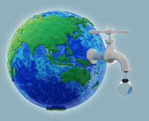 Water Drop and Faucet on Planet Earth Stock Illustration - 3d render