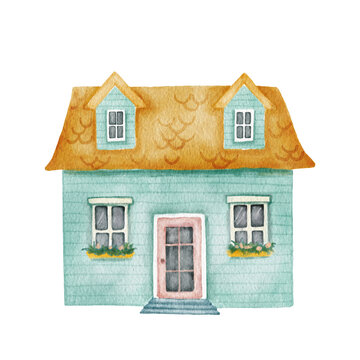 Hand drawn watercolor blue old and cozy small house. Cute cottage isolated on white background