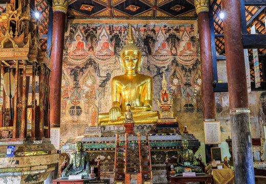 Nan Province,Northern Thailand on December20,2019:Principal Buddha statue inside the vihara(main hall),Wat Nong Bua,Tha Wang Pha District. 
