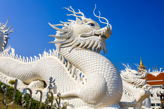 Chiang Rai Province,Northern Thailand on January 19,2020:White dragon sculptures along the steps leading to large Guan Yin image at Wat Huai Pla Kang.