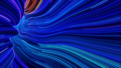 Blue, Turquoise and Orange Colored Curves form Abstract Lines Tunnel. 3D Render.