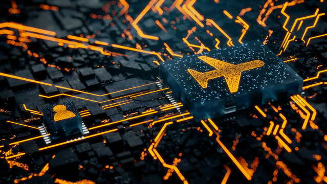 Flight Technology Concept with airplane symbol on a Microchip. Orange Neon Data flows between the CPU and the User across a Futuristic Motherboard. 3D render.