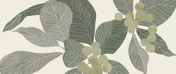 Abstract botanical vector background. Tropical plant wallpaper with foliage, tree branches, leaves in hand drawn pattern. Green watercolor botanical design for cover, prints, wall art, decorative.