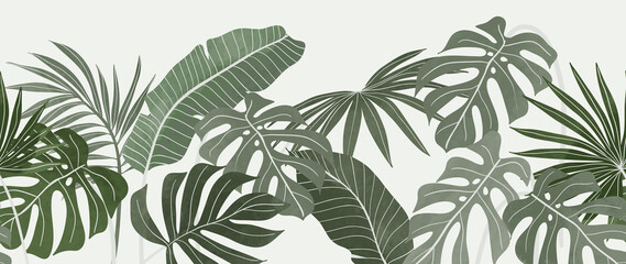 Abstract botanical vector background. Tropical plant wallpaper with foliage, palm, leaves, monstera in hand drawn pattern. Green watercolor botanical design for cover, prints, wall art, decorative. - obrazy, fototapety, plakaty