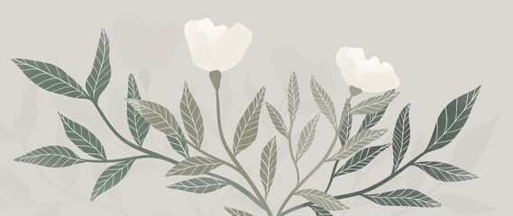 Abstract botanical vector background. Tropical plant wallpaper with foliage, tree branch, flower, leaves in hand drawn. Green watercolor botanical design for cover, prints, wall art, decorative.