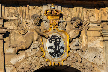 Coat of arms on Royal Gate in Szczecin, Poland © olyasolod