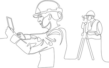 Close up of young Caucasian worker with helmet on head using tablet for work while standing in warehouse. Surveyor with a tripod icon. Geodesic tripod. Vector illustration