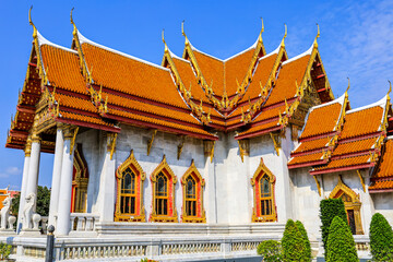 Bangkok,Thailand on May 1,2020:Beautiful landscape of Wat Benchamabophit Dusitvanaram(the marble temple).