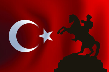 Ataturk on the prancing horse and the Turkish flag behind him. Vector illustration