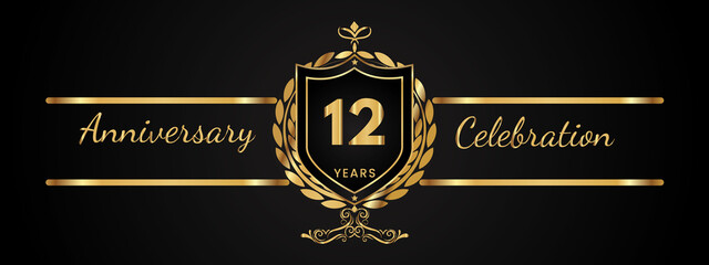 12 years anniversary celebration logotype with golden laurel and wreath vector. Anniversary celebration template design for booklet, brochure, leaflet, magazine, birthday party, banner, greeting.