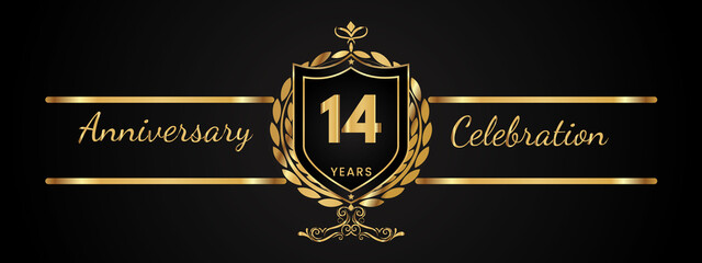 14 years anniversary celebration logotype with golden laurel and wreath vector. Anniversary celebration template design for booklet, brochure, leaflet, magazine, birthday party, banner, greeting.