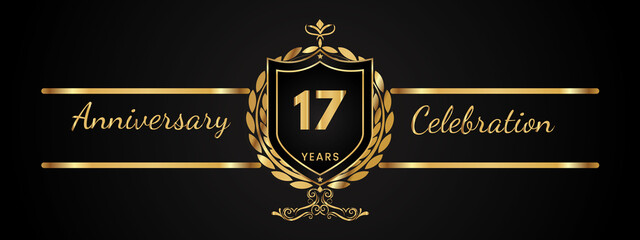 17 years anniversary celebration logotype with golden laurel and wreath vector. Anniversary celebration template design for booklet, brochure, leaflet, magazine, birthday party, banner, greeting.