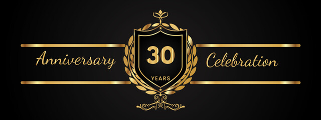 30 years anniversary celebration logotype with golden laurel and wreath vector. Anniversary celebration template design for booklet, brochure, leaflet, magazine, birthday party, banner, greeting.