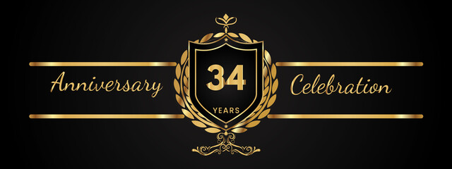 34 years anniversary celebration logotype with golden laurel and wreath vector. Anniversary celebration template design for booklet, brochure, leaflet, magazine, birthday party, banner, greeting.