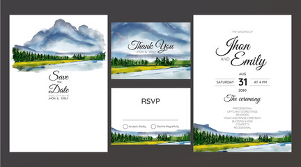 wedding invitation with mountain view watercolor background..