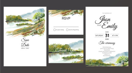 wedding invitation with mountain view watercolor background..