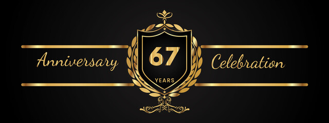 67 years anniversary celebration logotype with golden laurel and wreath vector. Anniversary celebration template design for booklet, brochure, leaflet, magazine, birthday party, banner, greeting.