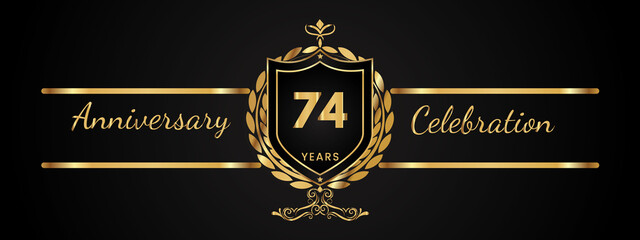 74 years anniversary celebration logotype with golden laurel and wreath vector. Anniversary celebration template design for booklet, brochure, leaflet, magazine, birthday party, banner, greeting.