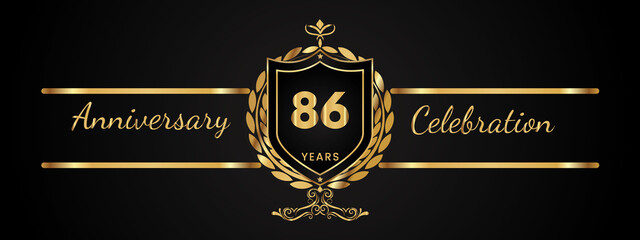 86 years anniversary celebration logotype with golden laurel and wreath vector. Anniversary celebration template design for booklet, brochure, leaflet, magazine, birthday party, banner, greeting.