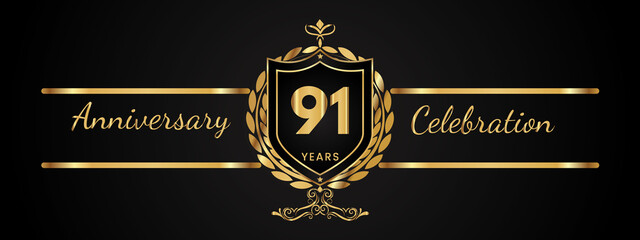 91 years anniversary celebration logotype with golden laurel and wreath vector. Anniversary celebration template design for booklet, brochure, leaflet, magazine, birthday party, banner, greeting.