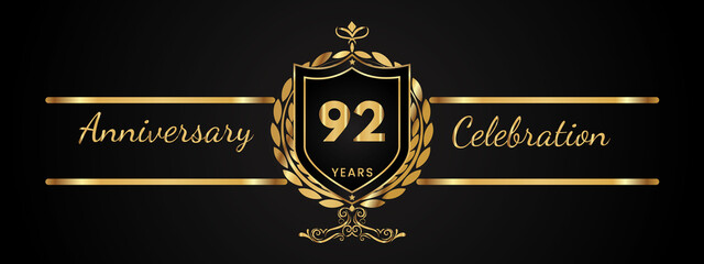 92 years anniversary celebration logotype with golden laurel and wreath vector. Anniversary celebration template design for booklet, brochure, leaflet, magazine, birthday party, banner, greeting.