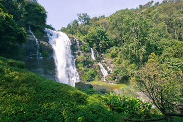 Strong flow with rain-like mist and rainbow in the spray of Vachirathan Waterfall in Doi Inthanon National Park,Chom Thong District,Chiang Mai province,Northern Thailand.