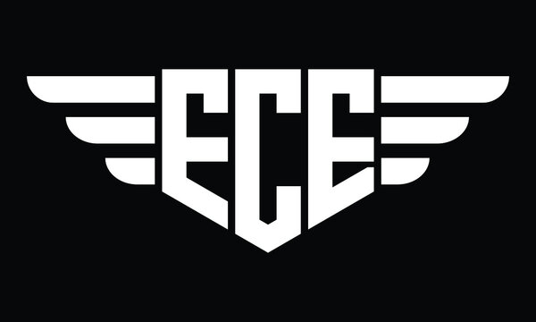 ECE three letter logo, creative wings shape logo design vector template. letter mark, wordmark, monogram symbol on black & white.