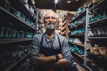 Portrait of senior man dressed in apron with crossed arms around shelfs with shoes.