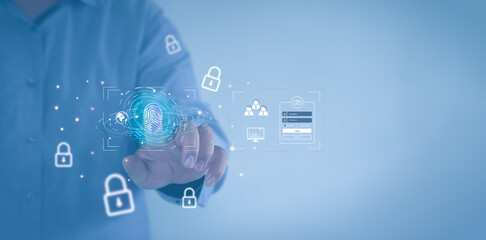 Usiness people touch Virtual screen to scan fingerprints, data management concepts, big data, business processes, automated operations, various storage systems, cloud computing.