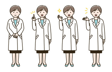 白衣を着た女性の表情バリエーションのイラストセット（肌色ありバージョン）
