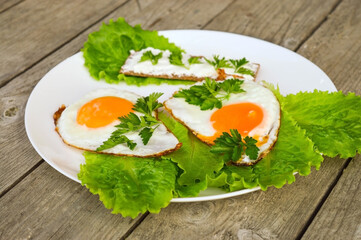 Healthy breakfast - fried eggs, bread with cheese and fresh parsley on a white plate