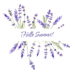 Watercolor illustration of lavender, floral frame. Provence illustration. isolated on white. Hello...