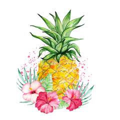 watercolor pineapple with tropical flowers