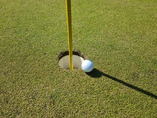 Golf ball on the green lawn. Golfing