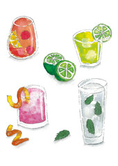 Cocktail Drink Gin Tonic Mojito Caipirinha Watercolor Aquarell Illustration Vektor