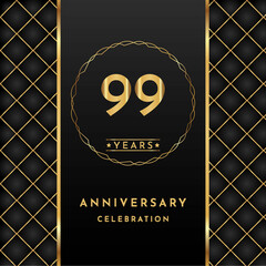 99 years anniversary celebration golden color with circle ring isolated on black background for the anniversary celebration event, wedding, greeting card, brochure, birthday party, and Invitation.
