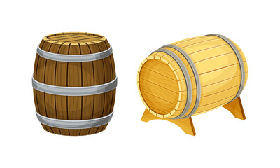 Wooden barrels with metal hoops for storing liquids vector illustration