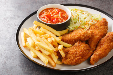 Homemade fried chicken with French fries, cabbage salad and spicy sauce close up in the plate on the table. Horizontal