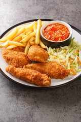 Breaded fried chicken with french fries, vegetable salad and spicy sauce close-up in a plate on the table. vertical