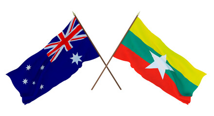 Fototapeta premium Background for designers, illustrators. National Independence Day. Flags Australia and Myanmar