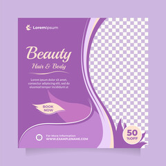 Square social media post and banner template with beautiful purple. Creative promotion design concept of professional hair spa, hair mask, hair style, cosmetic sale or promotion, skin treatment, etc