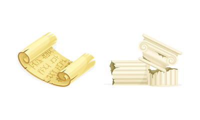 Antique Greek column and ancient paper scroll. Objects of archaeology vector illustration