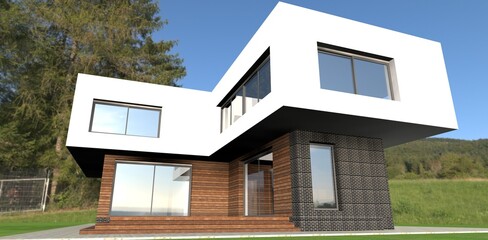 3D render of high tech  modern house with wooden facade. Good for home decorating companies. 
May be useful for advertising luxury real estate. 

