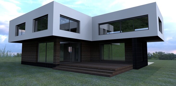 3d render of the flat roof house with wooden terace. May be useful for advertising luxury real estate. 
Good for resources about contemporary real estate design. 

