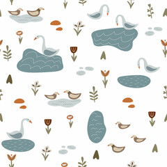 Fototapeta premium Fashionable seamless pattern with swans and ducks on a white background. Scandinavian design for fabric, wallpaper, textile and decor.