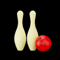 3D Render Of Bowling Pins With Ball Red And Yellow Icon Against Black Background.