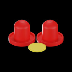 Red And Yellow Air Hockey Puck And Pusher 3D Icon Against Black Background.