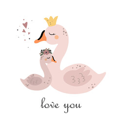 cute mom and baby swans