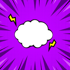 Empty Cloud Shape Frame With Lightning Bolts On Purple Rays Halftone Background.