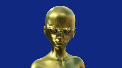 Golden bald alien humanoid on a blue background.